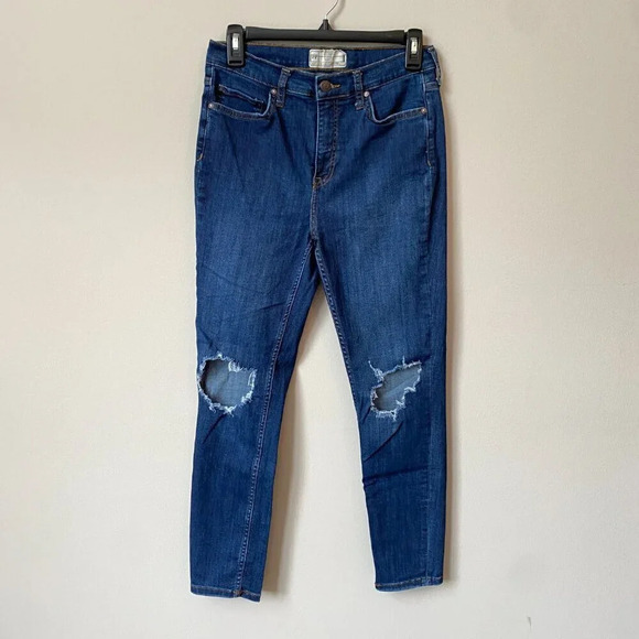 Free People Womens Size 29 Mid-Rise Distressed Dark Wash Skinny Denim Blue Jeans - Picture 3 of 16